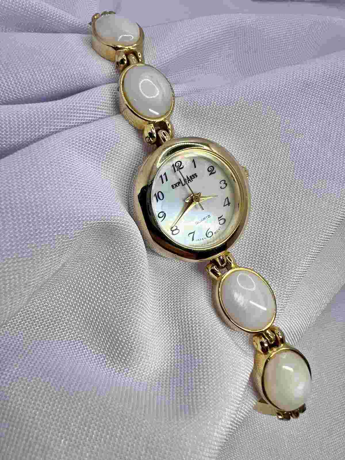 Vintage LA Express Gold Tone Watch White Faux Stones Mother Of Pearl Dial Dainty