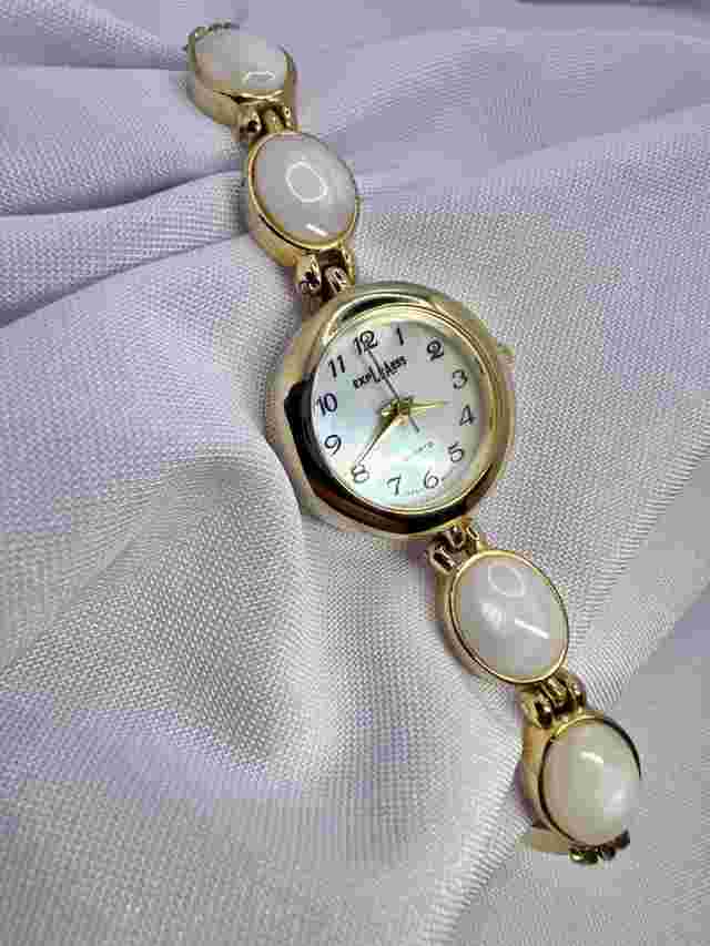 Vintage LA Express Gold Tone Watch White Faux Stones Mother Of Pearl Dial Dainty