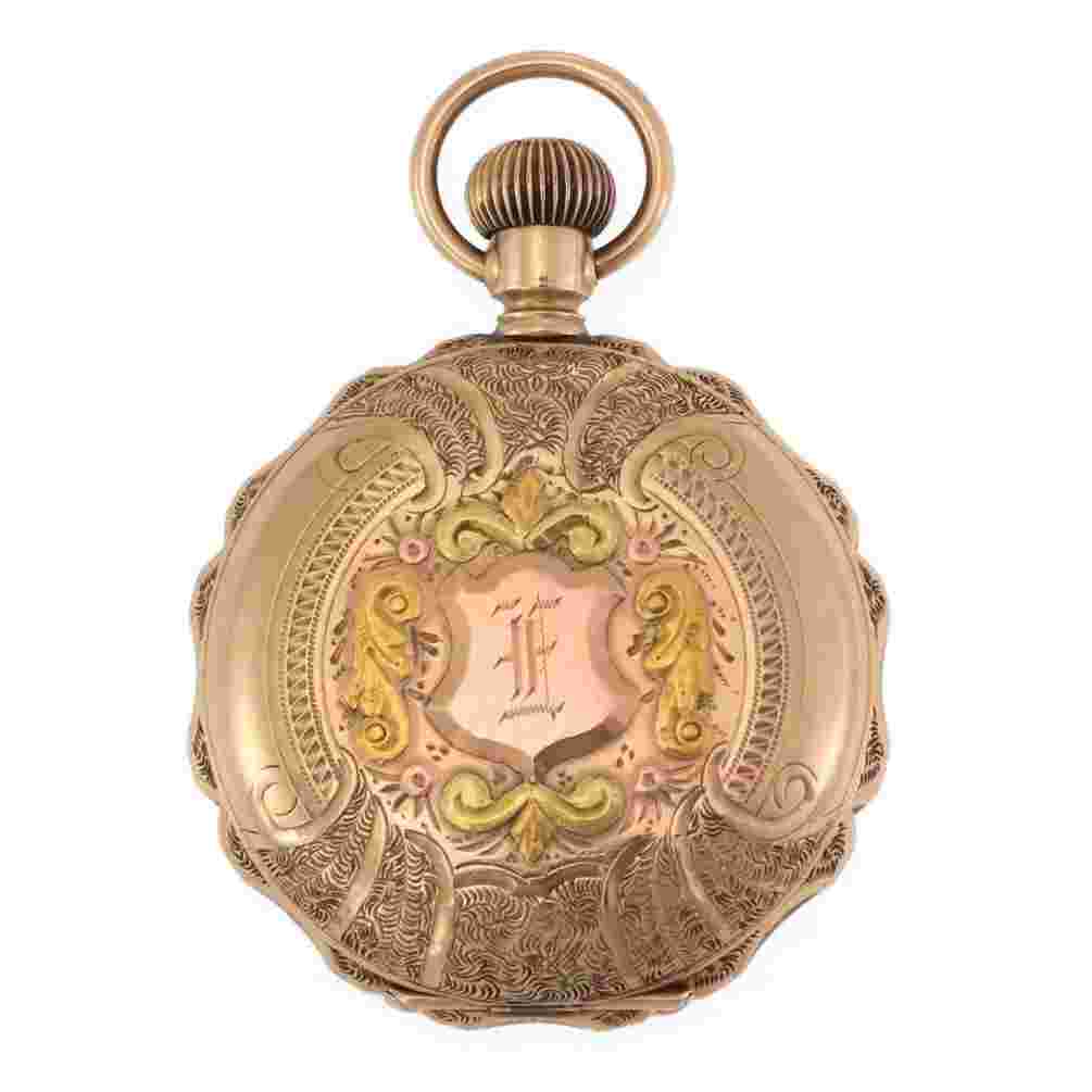14k Pocket Watch Tri Color Gold Deer Full Hunter Hand Wind C.W MFG.Co
