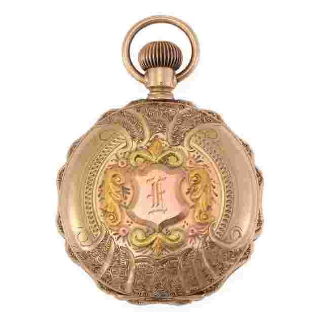 14k Pocket Watch Tri Color Gold Deer Full Hunter Hand Wind C.W MFG.Co