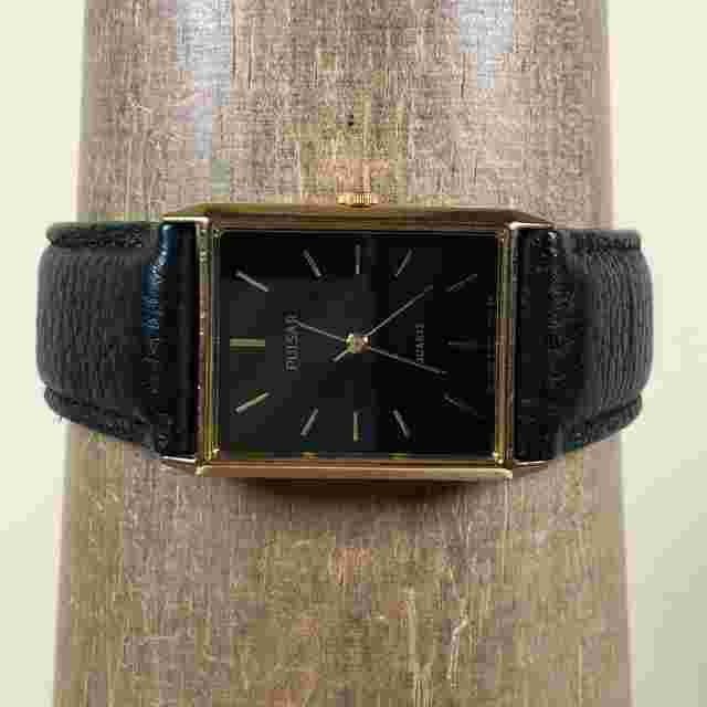 Vintage Pulsar Men V501-5A20 Tank Black Leather 24mm Quartz Analog Watch 7 1/2"