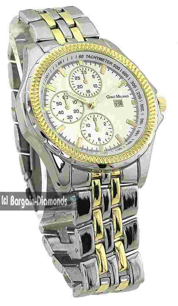 Mens 2-tone Busn-Clubbing Calendar Watch Gold Bezel Silver Dial 8.5" Wrist