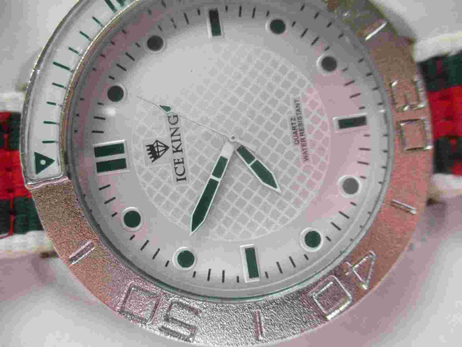 Ice King Analog Wristwatch Red Green White Buckle Band Round Silver Tone Face