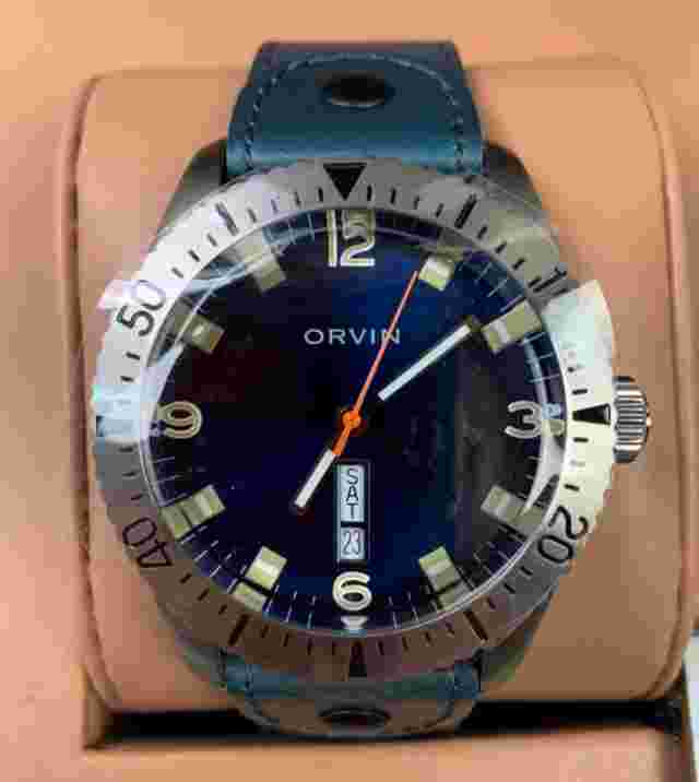 Orvin Midnight Leather Diver Day Date 42mm Ronda 517 Quartz Watch Blue Dial 200M