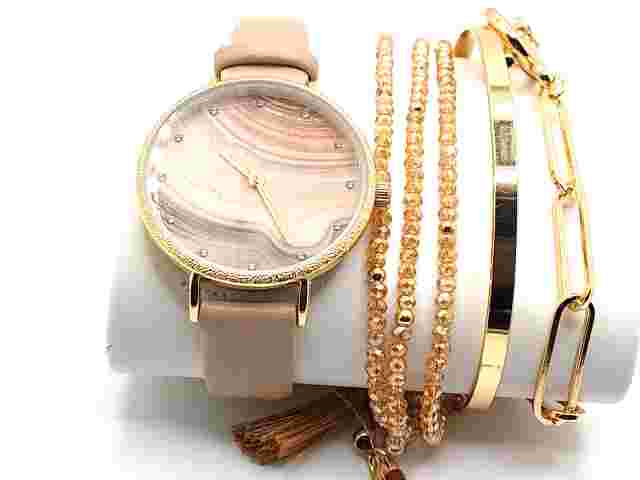INC International Concept Women's Beige  Faux Leather Strap and Bracelets Watch