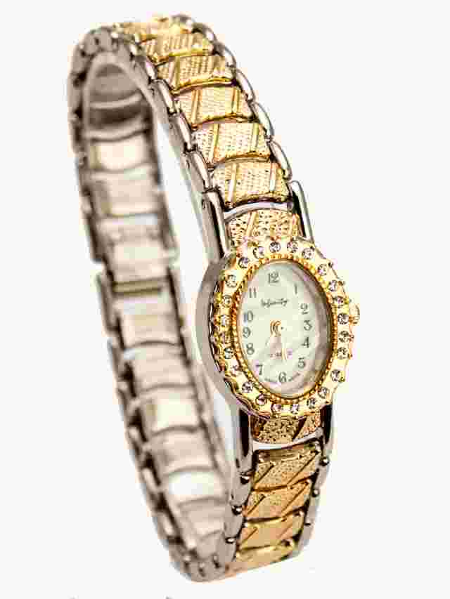 INFINITY:WOMEN'S GOLD/SILVER FINISH METAL BRACELET STONES CASE ANALOG QTZ  WATCH