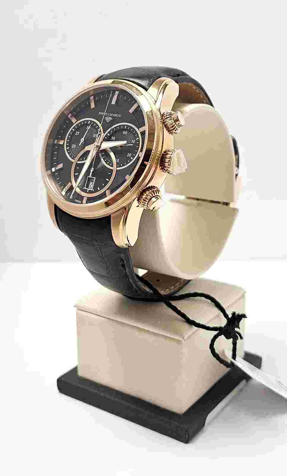 10 ATM Swiss chronograph 43mm rose gold stainless steel leather strap sapph xrtl