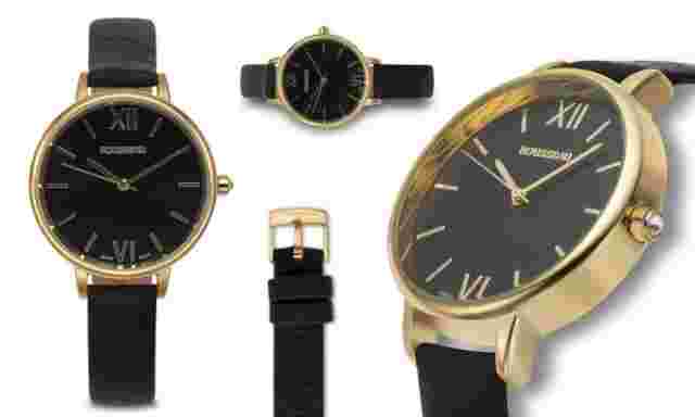 NEW Rousseau 9916 Women's Esther Collection Ultra Thin Black Leather Gold Watch