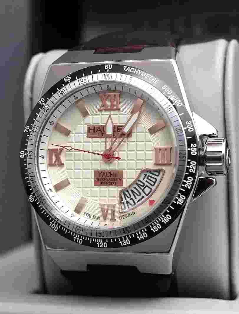Haurex Italy Mens Watch 8A340USH Yacht with Silver Dial and Brown Leather Strap