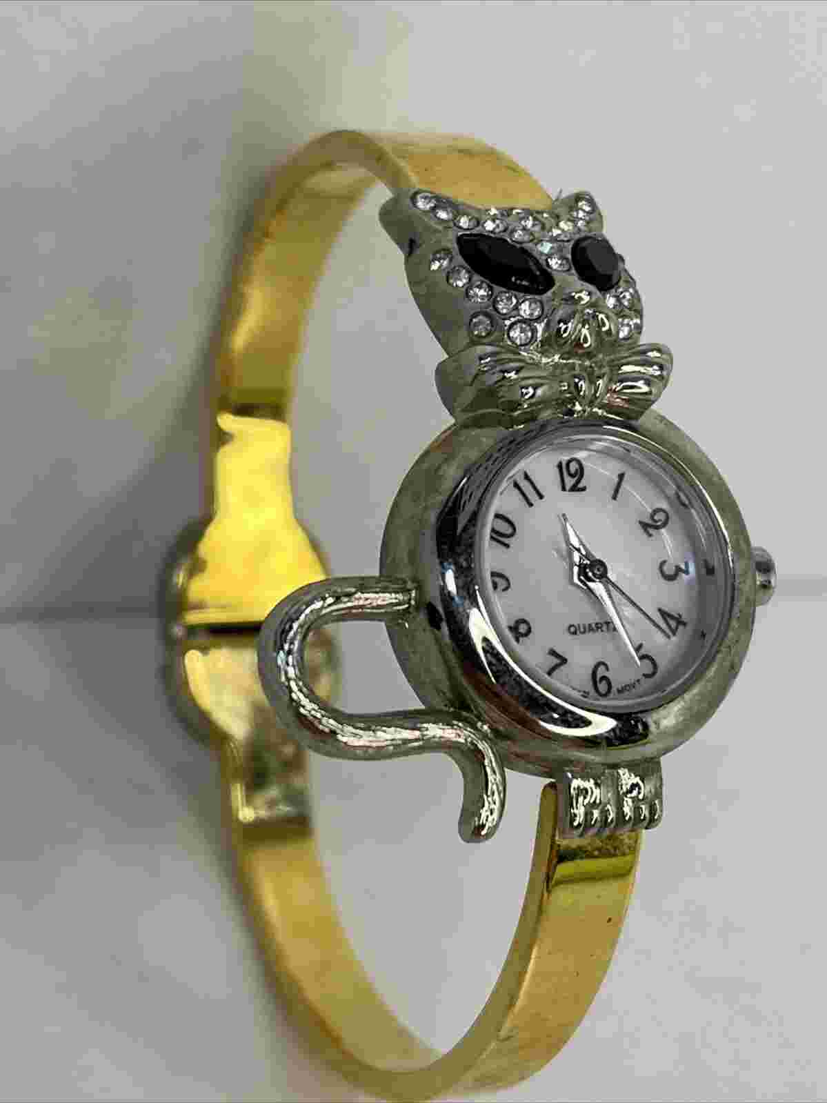 Avon Cat Women's Watch Two Tone Hinge Bangle Band MOP Dial- New Battery