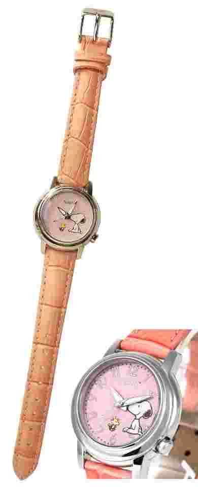 SNOOPY Quartz Watch Japanese Movement, Stainless Steel, Faux Leather Band (14mm)