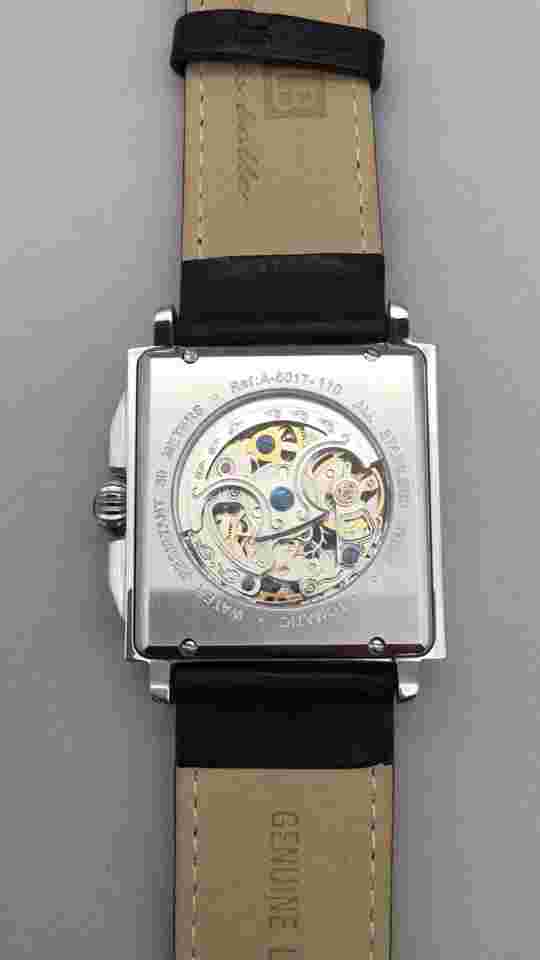 Louis Bolle Skeleton Automatic Watch Men 38mm Silver Tone Day Date Black Leather