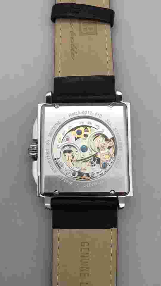 Louis Bolle Skeleton Automatic Watch Men 38mm Silver Tone Day Date Black Leather