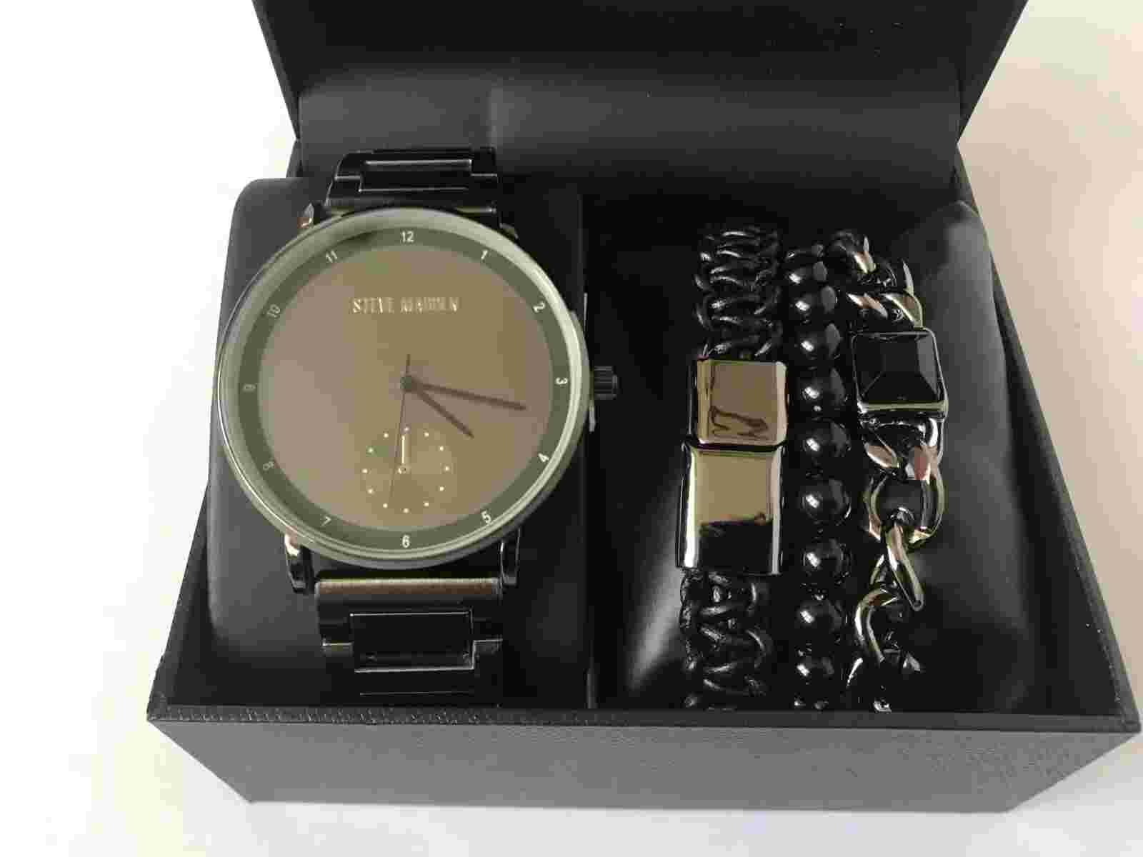 Steve Madden Men's Black style Water Resistant Watch & Multi Bracelet Set  NIB