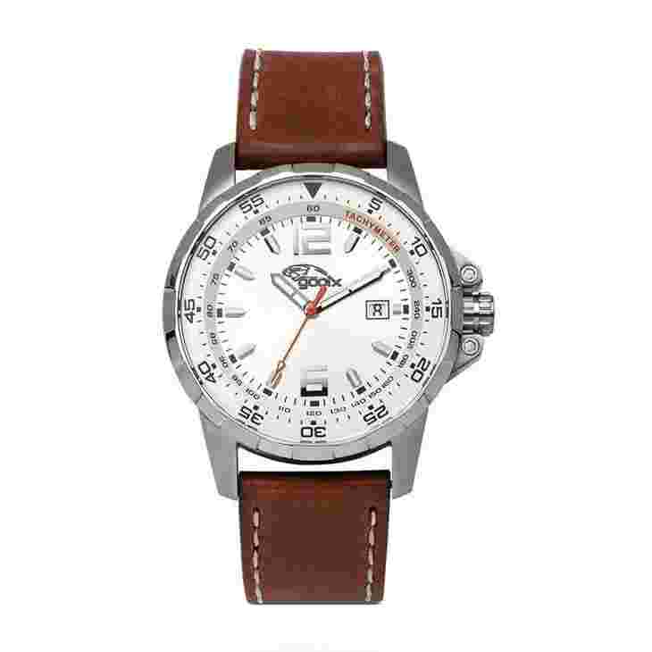 GOOIX HUA-05913 MENS CHRONOGRAPH WATCH STEEL CASE SILVER LEATHER STRAP MA