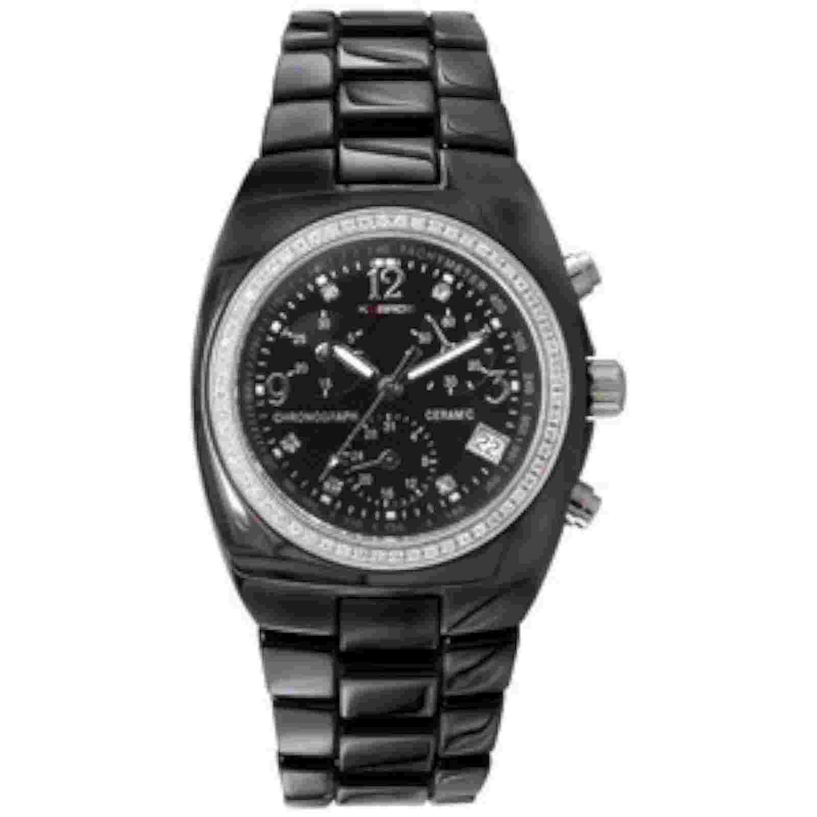 K&Bros Women's 9141-1 C-901 Full Ceramic Stones Square Chronograph Black Watch