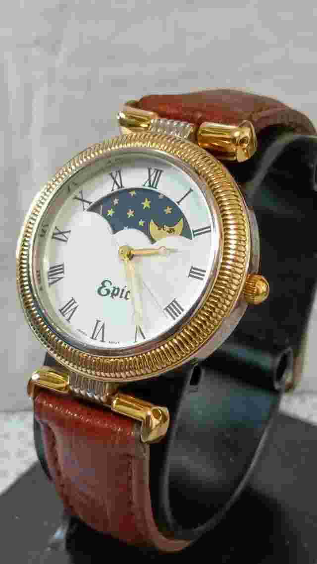 EPIC Vintage Men's Watch Moon Phase Luxury Gold Tone EP-25000 Leather 33 mm