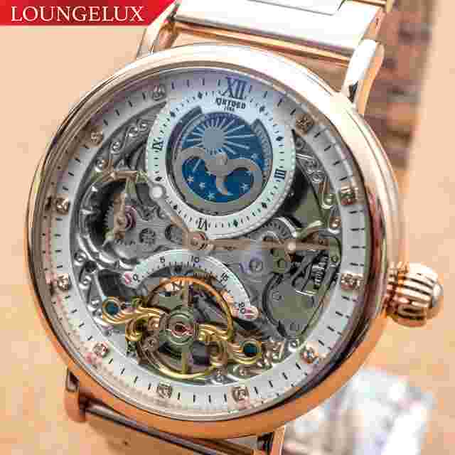 Mens Dual Time Flywheel Automatic Mechanical Watch Rose Gold Stainless Steel