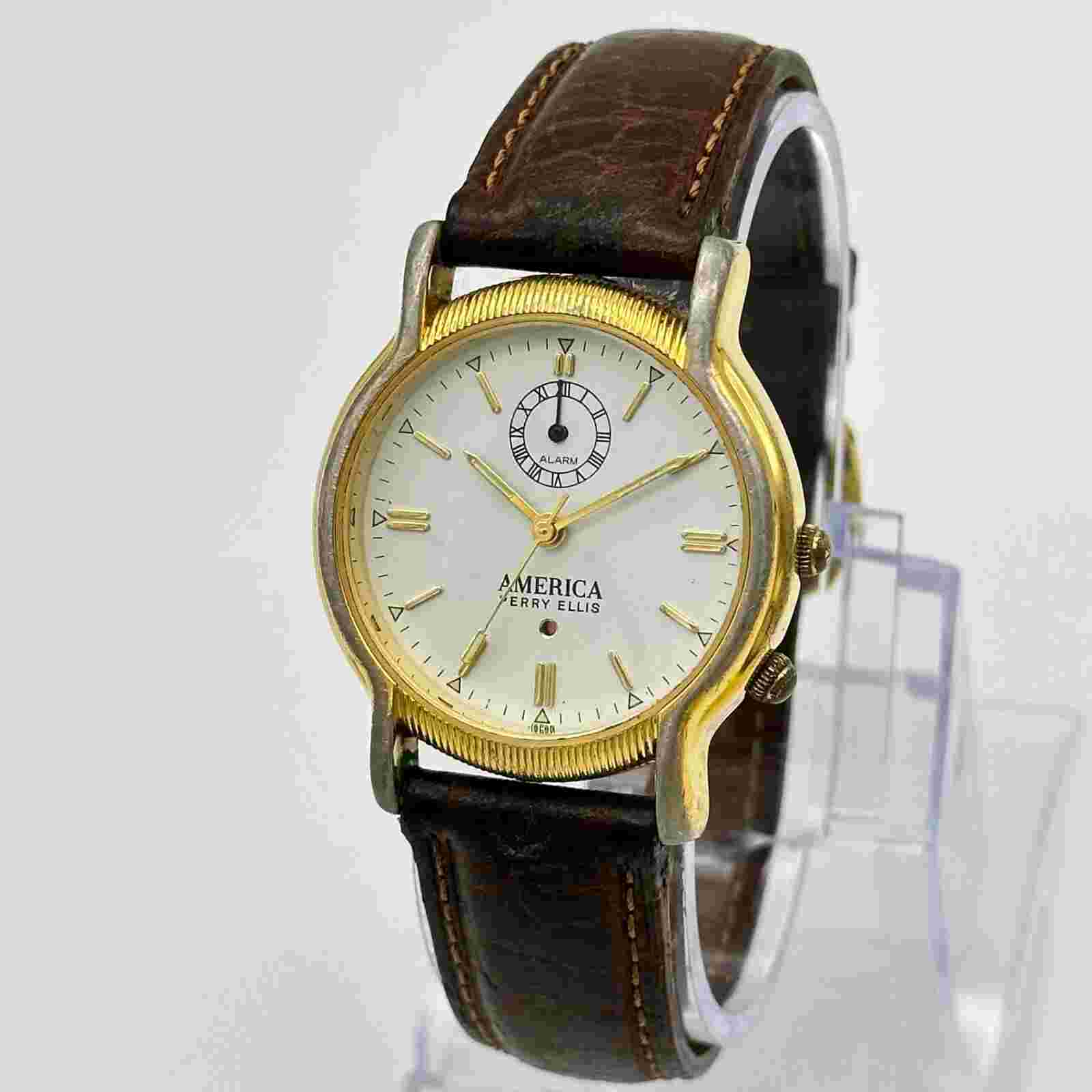 Men's AMERICA Perry Ellis Gold Tone Analog Alarm Watch, Brown Leather, APE1333