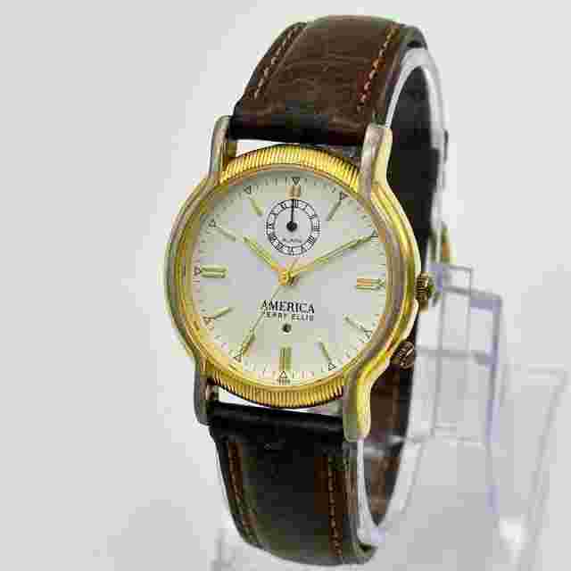 Men's AMERICA Perry Ellis Gold Tone Analog Alarm Watch, Brown Leather, APE1333