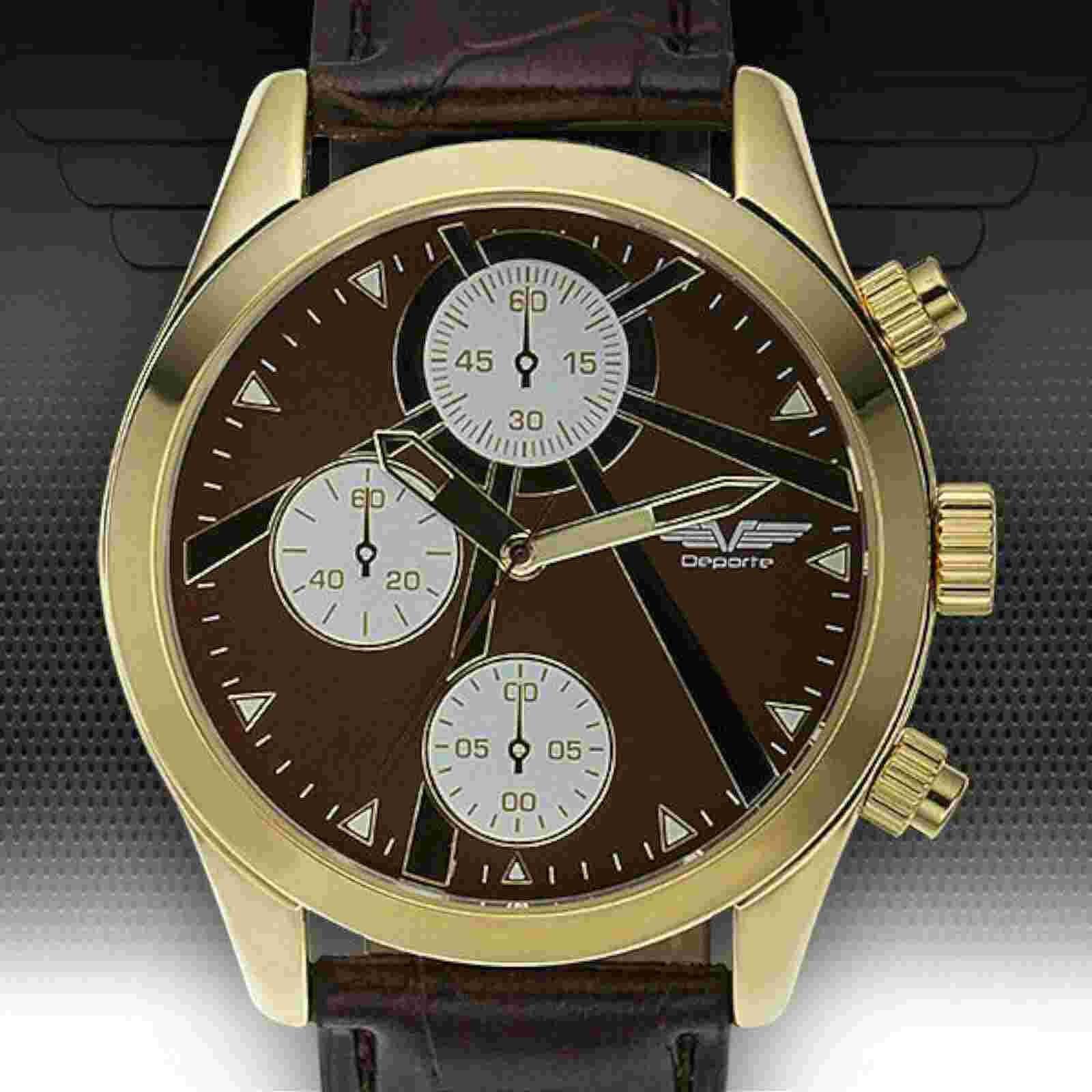 NEW Deporte 14075 Men's Beacon Watch Chronograph Brown Dial Gold Bezel Leather