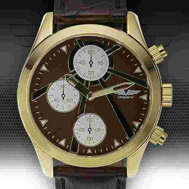 NEW Deporte 14075 Men's Beacon Watch Chronograph Brown Dial Gold Bezel Leather