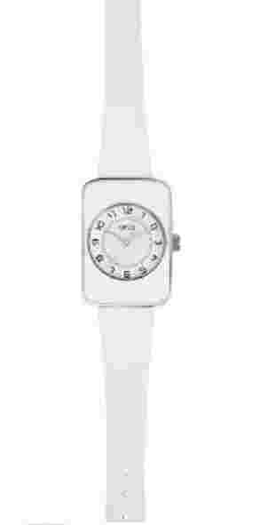 NEW OPEX  CHAPKA SILVER TONE,WHITE LEATHER BAND,DIAMOND FRANCE WATCH-X3931LA3