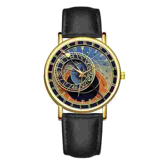 Prague Astronomical Tower Leather Watch Flat Earth Unisex Black Fine Wristwatch