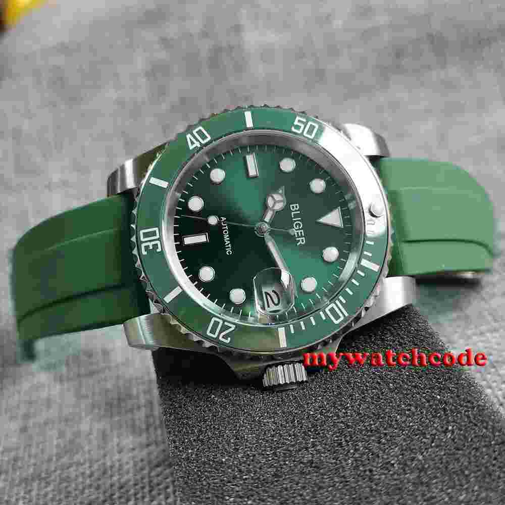 40mm Bliger Green Dial Ceramic Bezel NH35A Automatic Mens Watch Rubber Strap