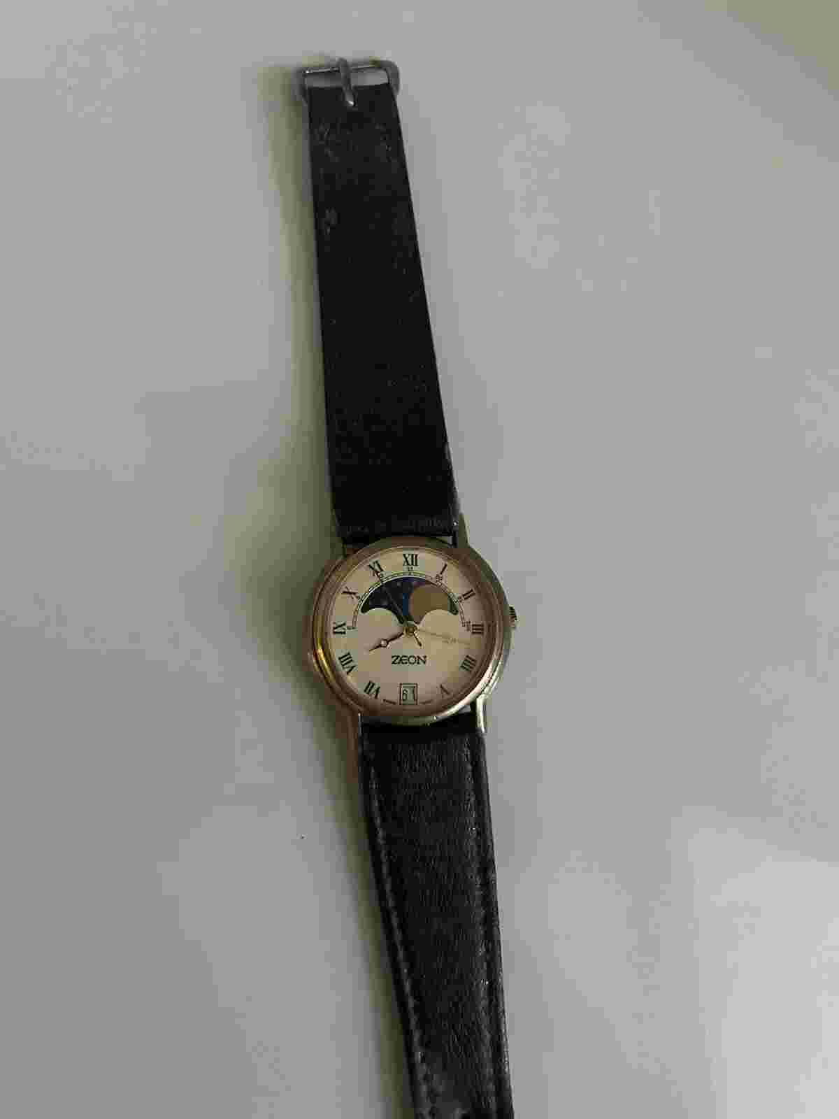 Zeon Watch Vintage 1980s Moon Phase White Dial Needs New Battery