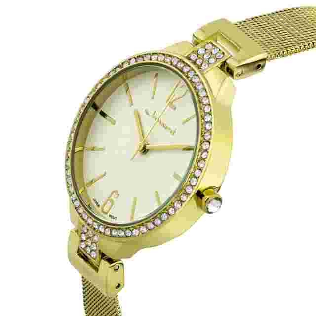 JEANNERET JURA LADIES LUXURY WATCH Elegant Crystal Bezel Gold Tone Mesh 1503A