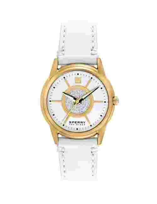 NEW SPERRY Top-Sider Womens Crystal & Gold Ship Wheel White Leather Quartz Watch