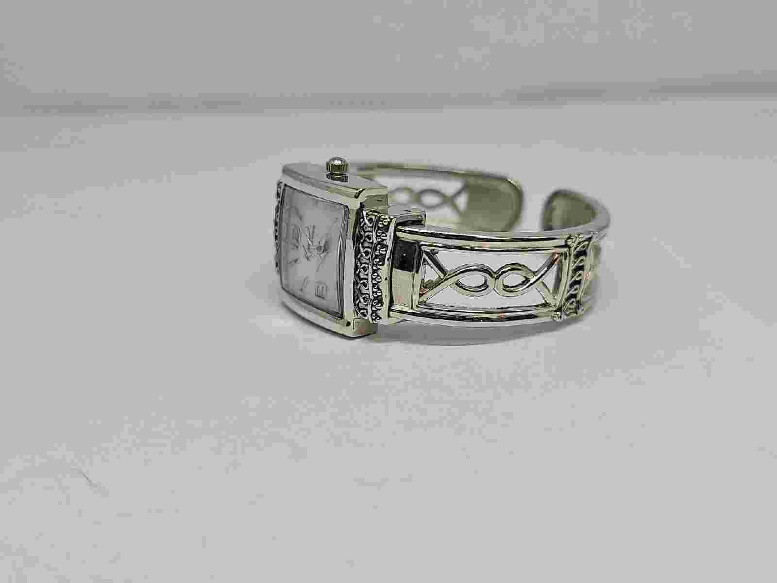 Kim Rogers Cancer Awareness Ribbon Silver Tone Hinged Cuff Bracelet Watch.