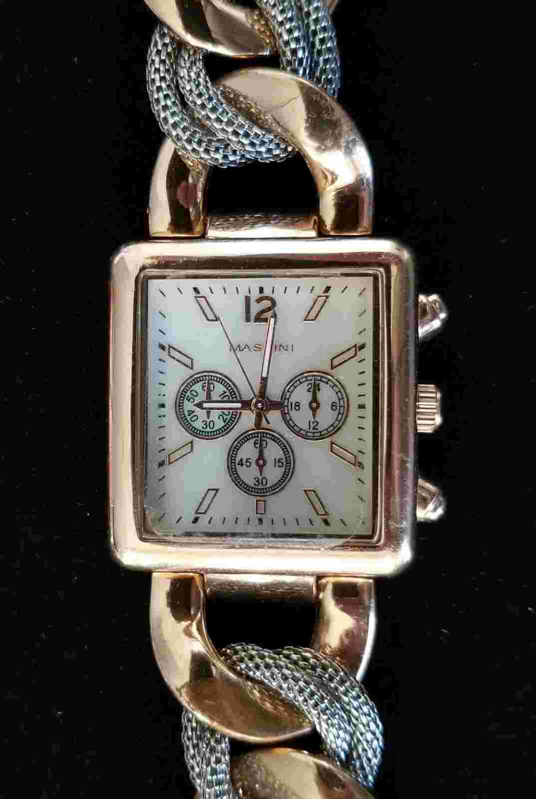 Massini Rose Gold Tone Watch MOP - Mesh & Chain Band 7.5" Max Size New Battery
