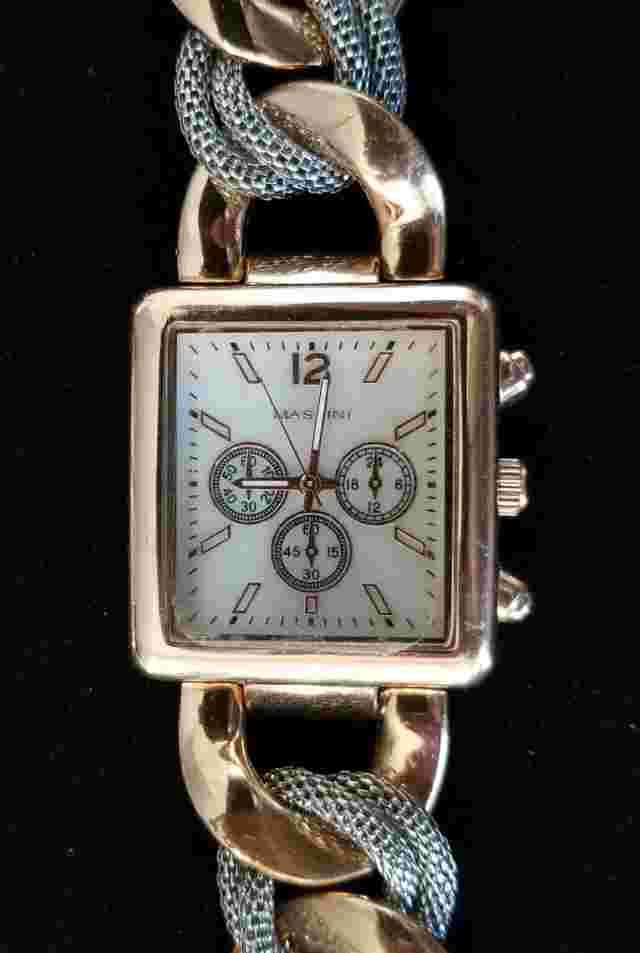 Massini Rose Gold Tone Watch MOP - Mesh & Chain Band 7.5" Max Size New Battery