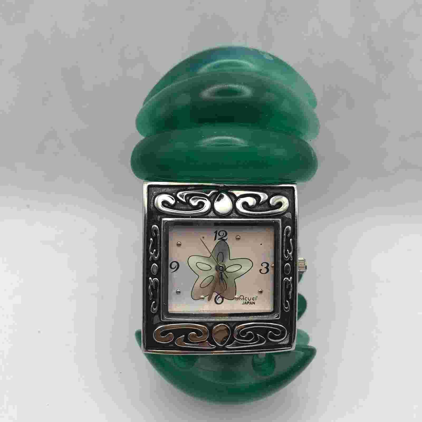Women's Green Jewel Silver Tone Watch Acuet Japan Stretch Bracelet Flower