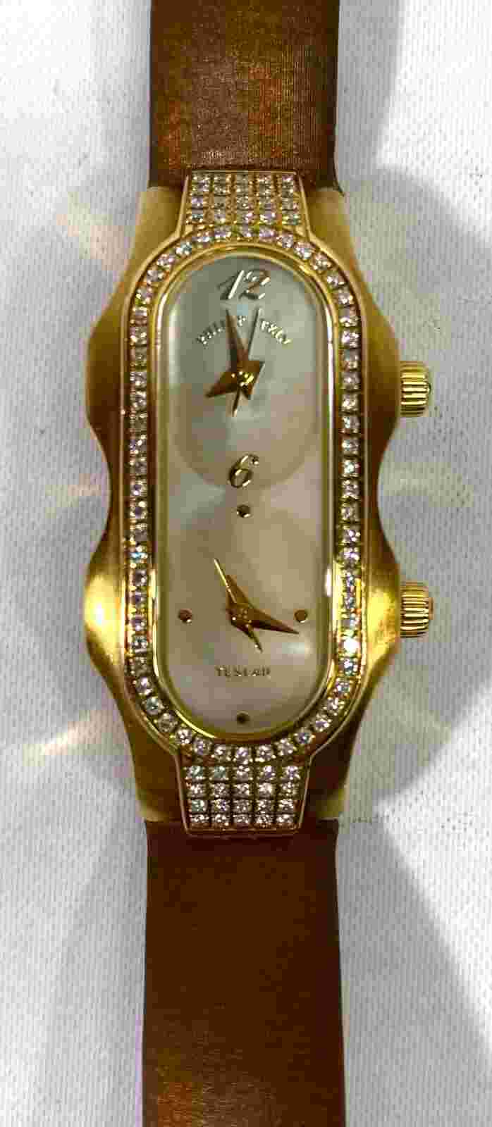 Philip Stein Teslar 18K Yellow Gold Diamond Bezel Pearl Face Quartz Watch
