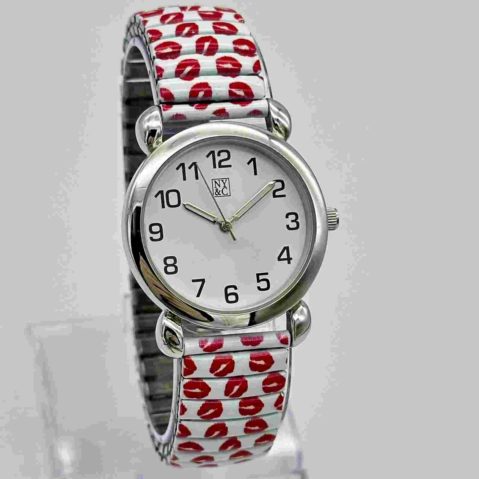 Women's NY&C Silver Tone Quartz Watch, Red & White Lipstick Kiss Print Band 34mm