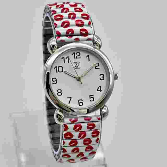 Women's NY&C Silver Tone Quartz Watch, Red & White Lipstick Kiss Print Band 34mm