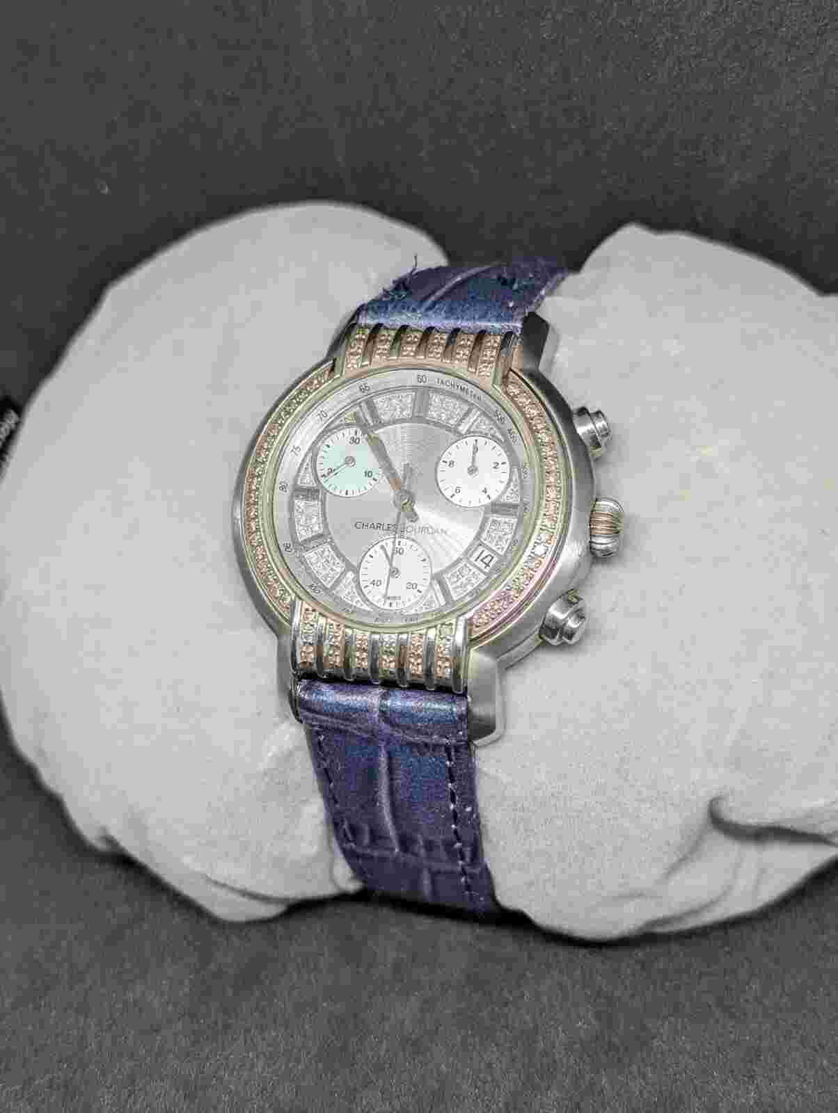 CHARLES JOURDAN Diamond Ecstasy Chronometer Watch 34mm Women's Blue Leather Band