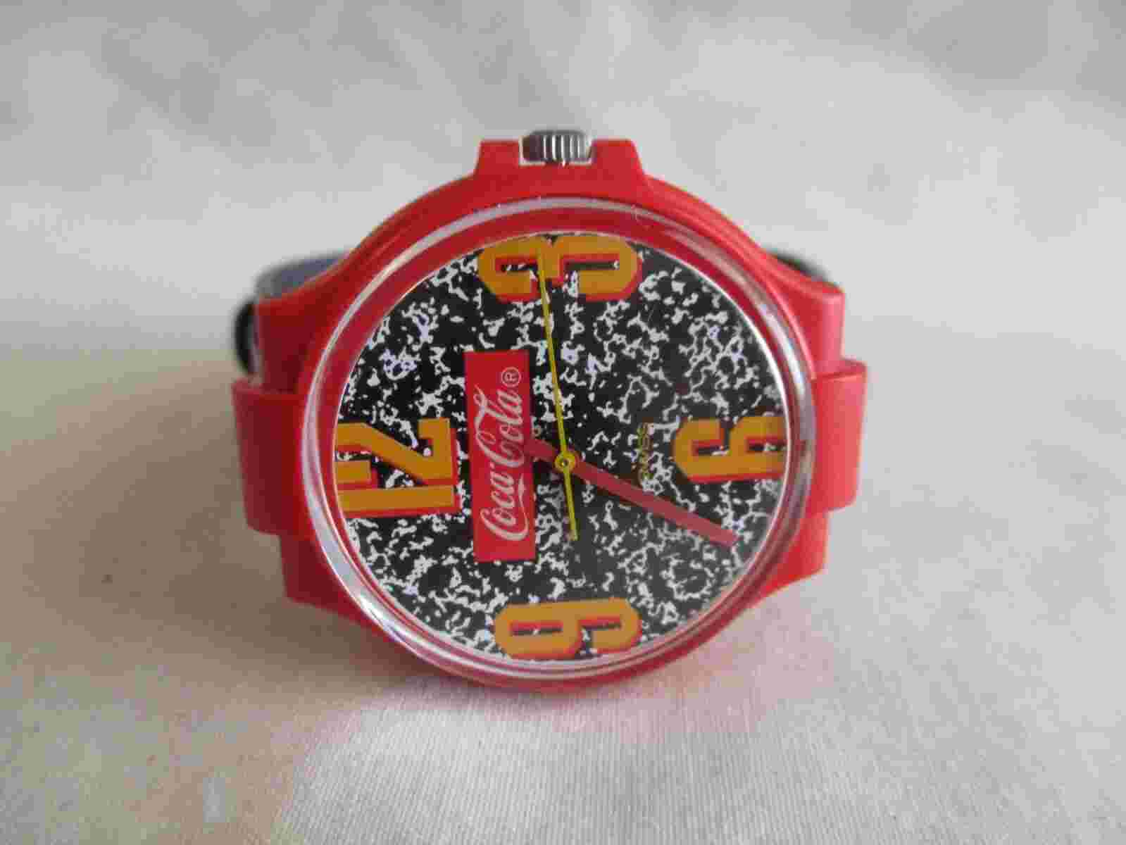 Coca Cola Swiss Made Wristwatch Red Yellow Gray Buckle Band Collectible