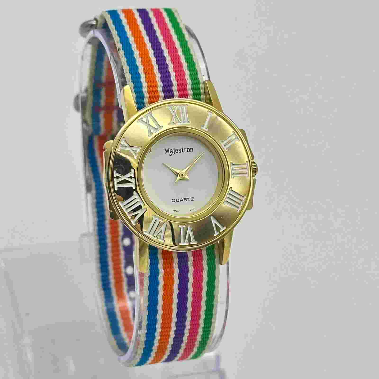 Women's MAJESTRON Gold Tone Classic Watch, Rainbow Multicolor Nylon Band, Runs
