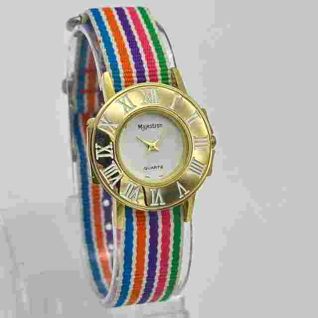 Women's MAJESTRON Gold Tone Classic Watch, Rainbow Multicolor Nylon Band, Runs
