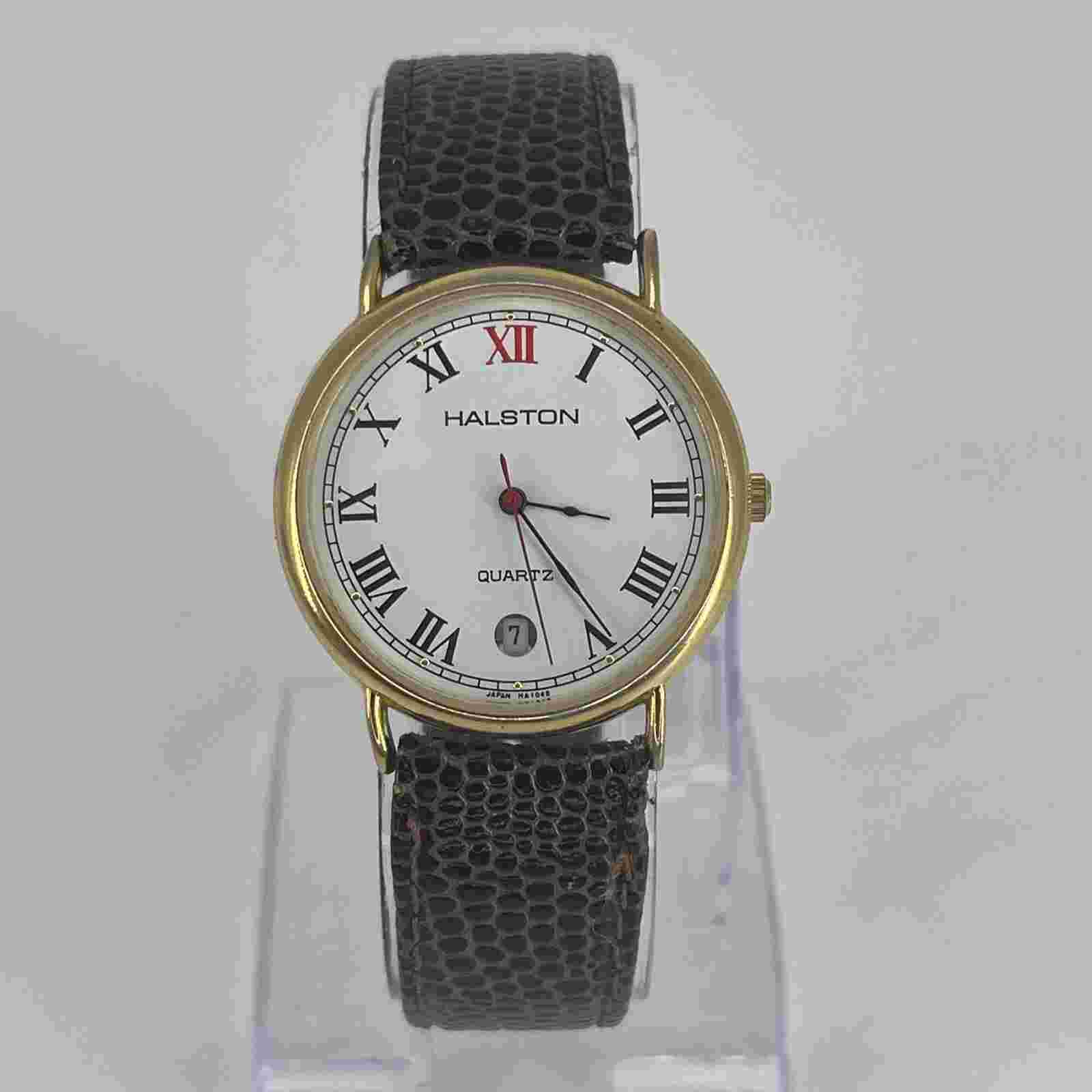 Halston Women's Watch Stainless Gold Tone WR Brown Leather NEW BATTERY