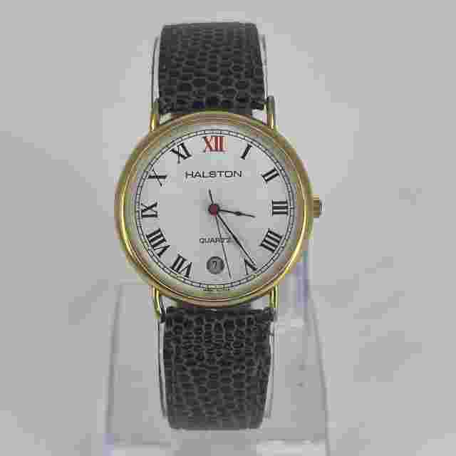 Halston Women's Watch Stainless Gold Tone WR Brown Leather NEW BATTERY