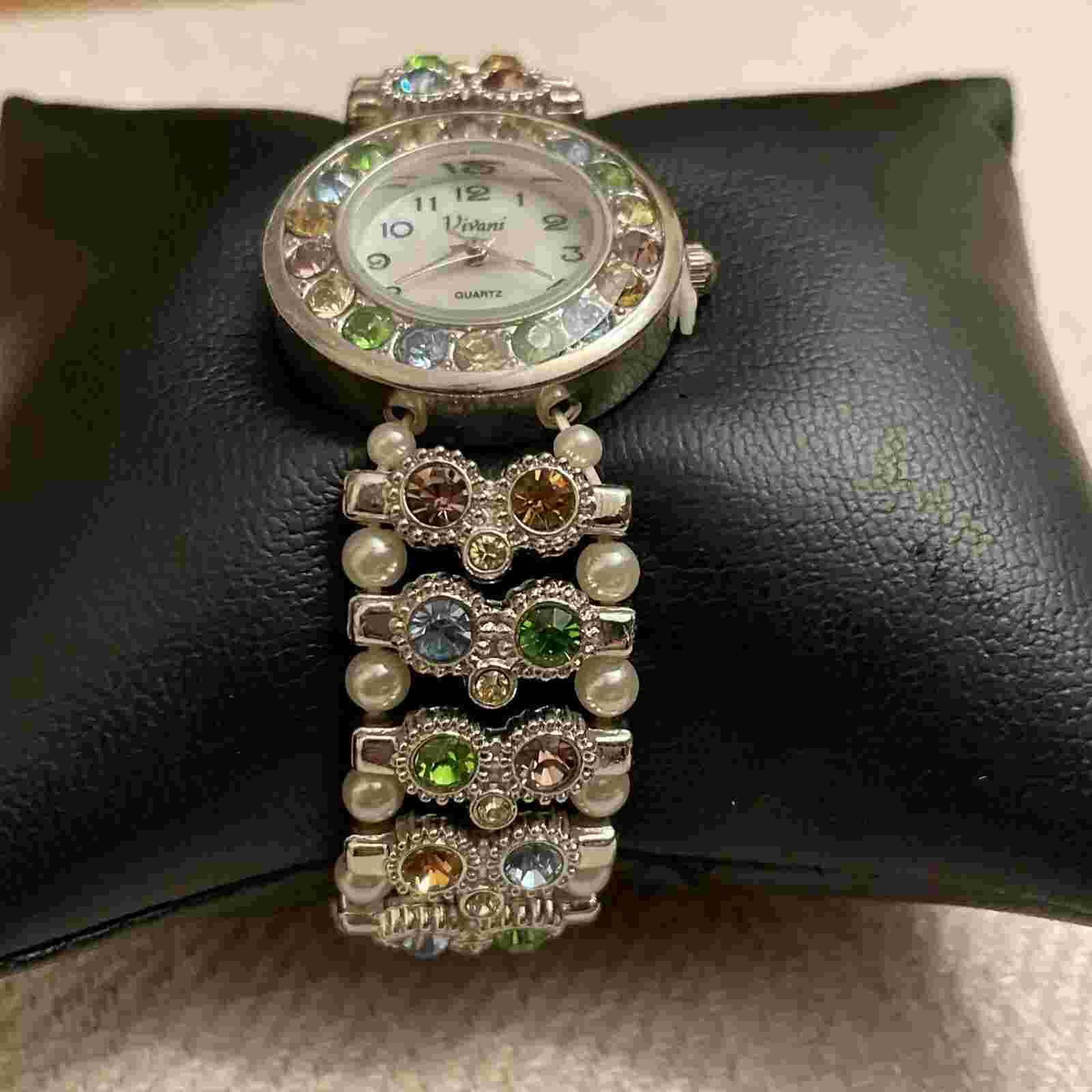 Vivani Watch Women 27mm Silver Tone MOP Dial Bling Faux Pearl Band New Battery