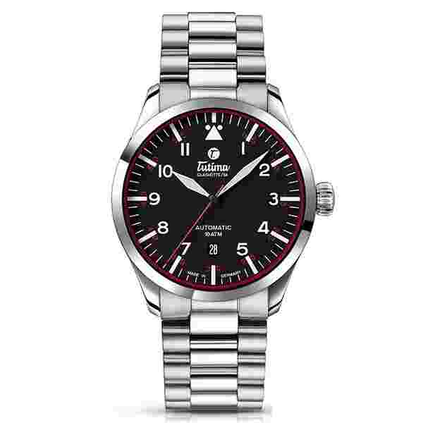 Tutima Glashutte Grand Flieger Automatic Black Stainless Red Watch 6105