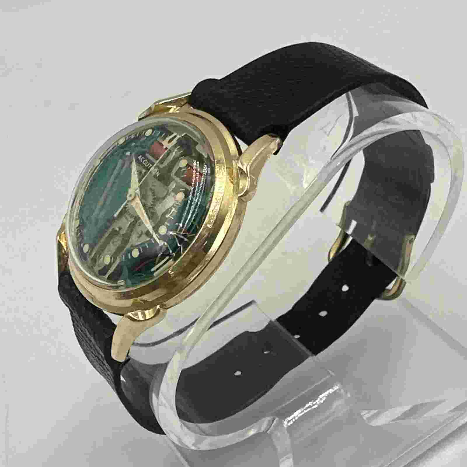 RUNNING 1961 Bulova Accutron 214 14k YELLOW GOLD Spaceview Mens Wrist Watch