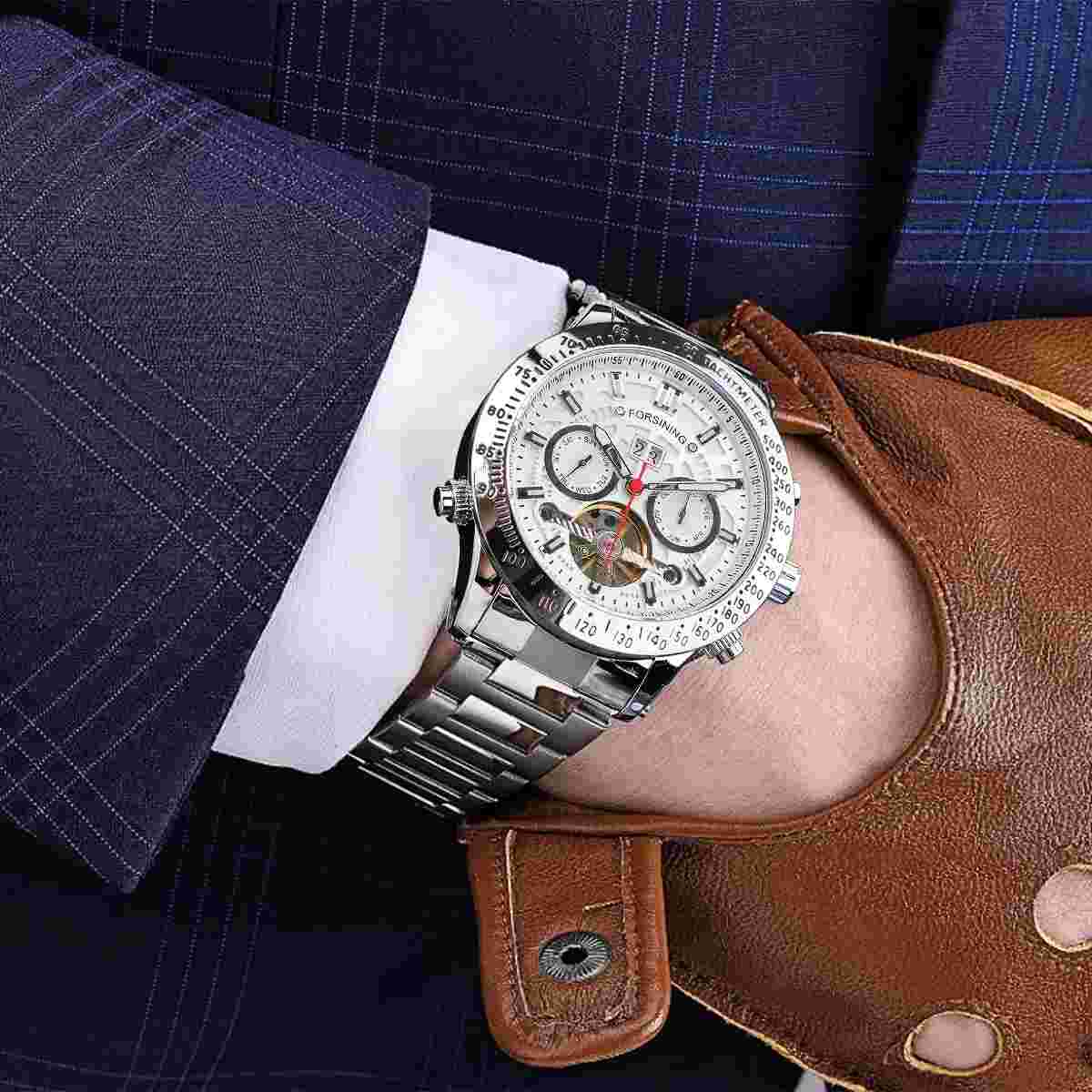 Forsining Mens Watches Automatic Business Waterproof Silver