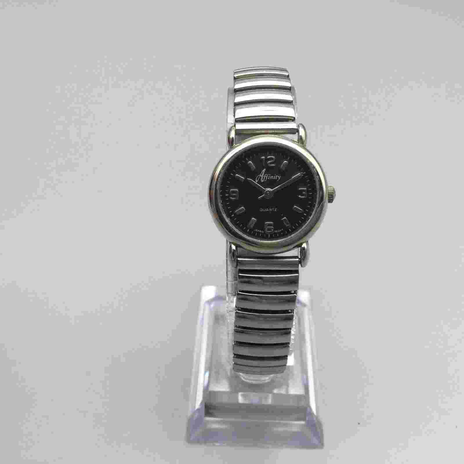 Vintage Affinity Watch Women 23mm Silver Tone Black Dial Stretch New Battery